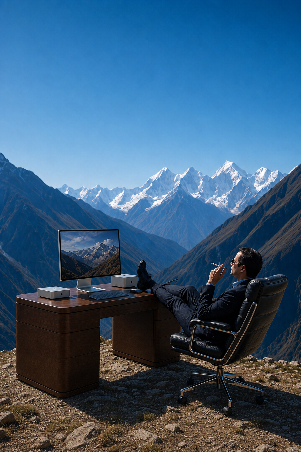 Executive reclining at a wooden desk on a mountain ridge overlooking snow-capped peaks